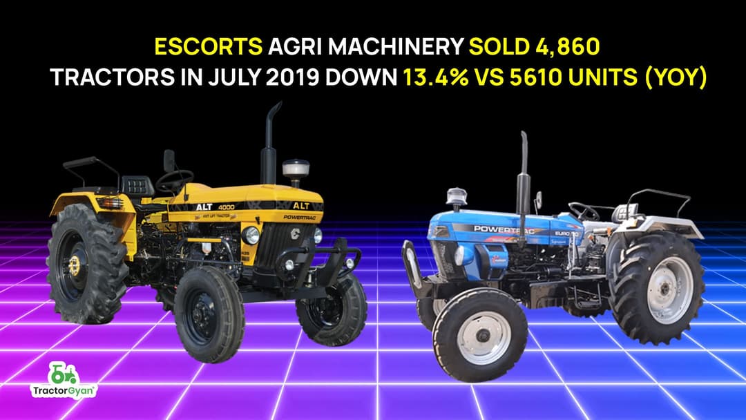 Escorts Agri Machinery sold 4,860 tractors in July 2019 Down 13.4% Vs 5610 units (YOY) image