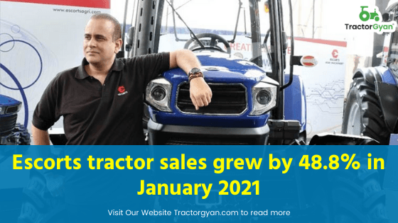 Escorts Agri Machinery Volumes grew by 48.8 percent in January 2021 and MoM Volume up by 16.7% Escorts Agri Machinery Volumes grew by 48.8 percent in January 2021 and MoM Volume up by 16.7%