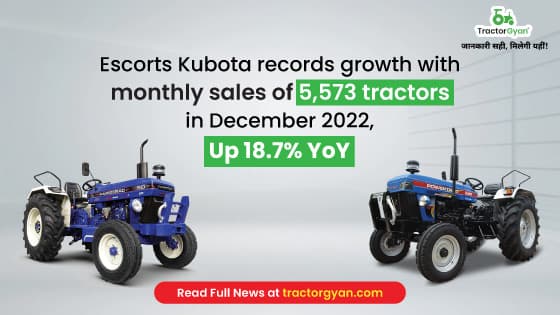 Escorts Kubota records growth with monthly sales of 5,573 tractors in December 2022, Up 18.7% YoY Escorts Kubota records growth with monthly sales of 5,573 tractors in December 2022, Up 18.7% YoY image