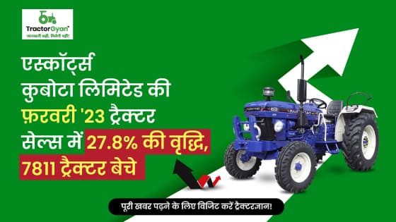 एस्कॉर्ट्स कुबोटा लिमिटेड की फ़रवरी'23 ट्रैक्टर सेल्स में 27.8% की वृद्धि, 7811 ट्रैक्टर बेचे एस्कॉर्ट्स कुबोटा लिमिटेड की फ़रवरी'23 ट्रैक्टर सेल्स में 27.8% की वृद्धि, 7811 ट्रैक्टर बेचे